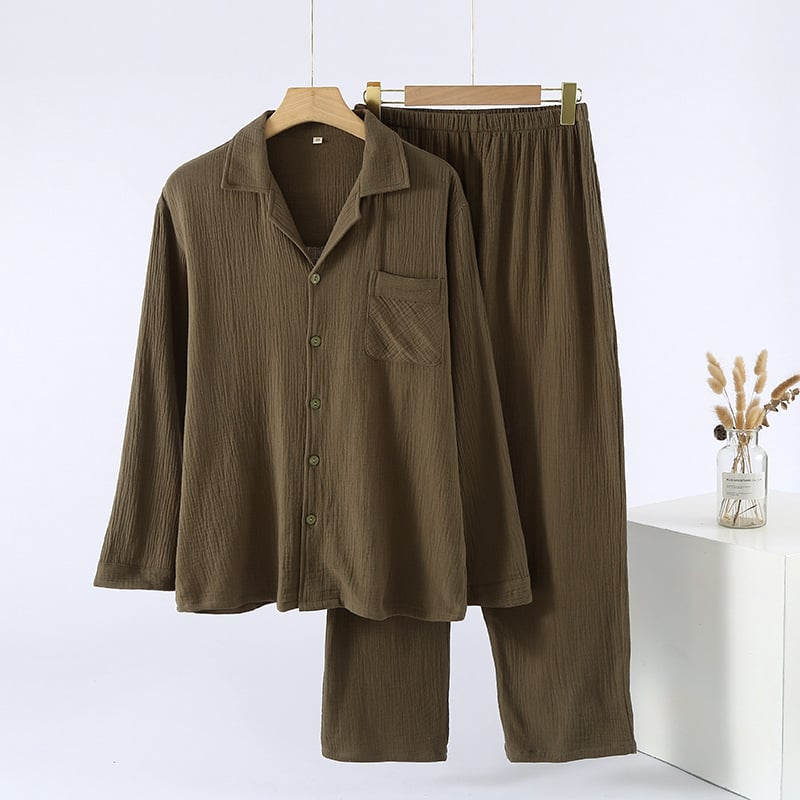Muški pamuk pijama set – lagani materijal, kardiganski stil, klopasti ovratnik, udoban širok kroj, dugi rukavi, hlače