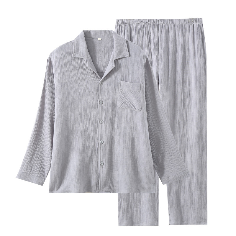 Muški pamuk pijama set – lagani materijal, kardiganski stil, klopasti ovratnik, udoban širok kroj, dugi rukavi, hlače