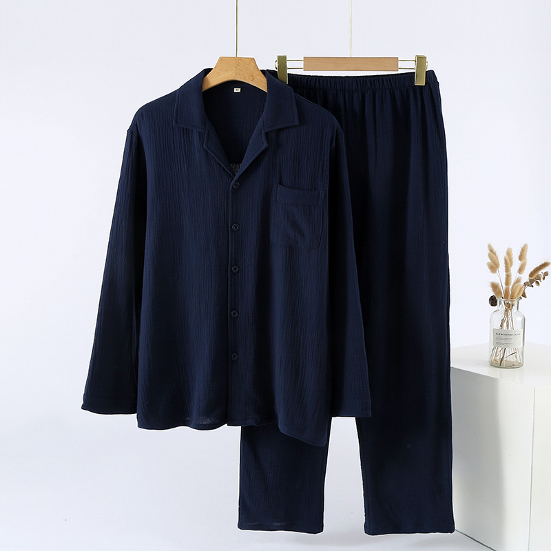 Muški pamuk pijama set – lagani materijal, kardiganski stil, klopasti ovratnik, udoban širok kroj, dugi rukavi, hlače
