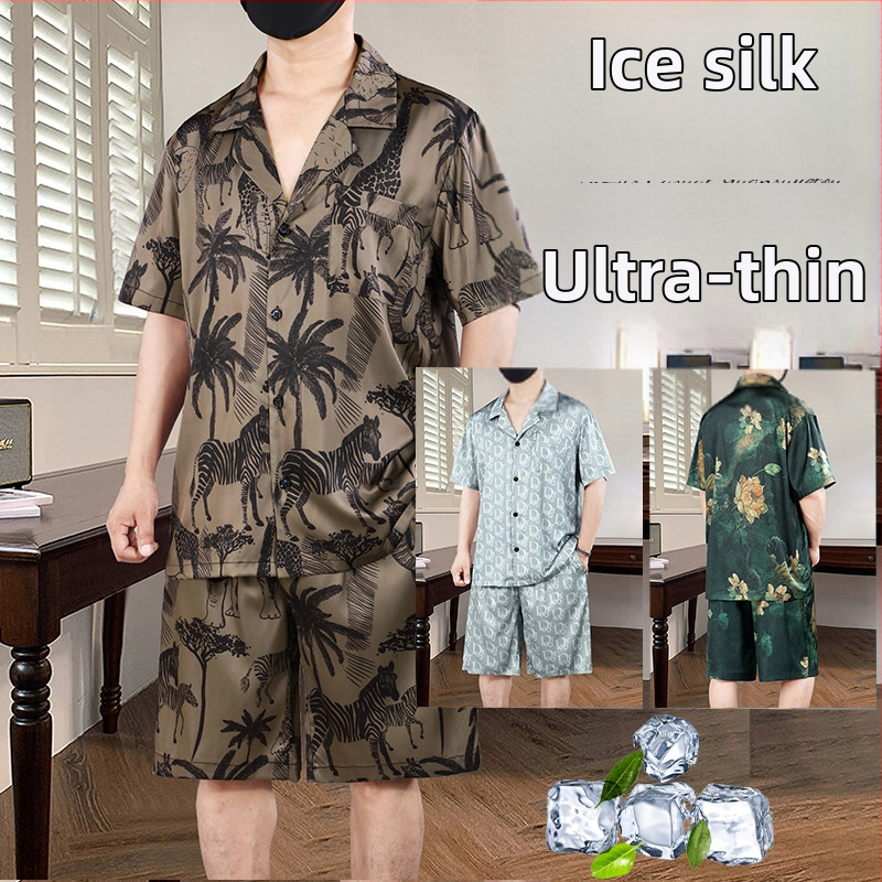 Vīriešu vasaras pidžamu komplekts, īsām piedurknēm, ultratīns poliesters, jauns ķīniešu stils, nacionālā tendence, tops ar kostīmu kaklu un šorti