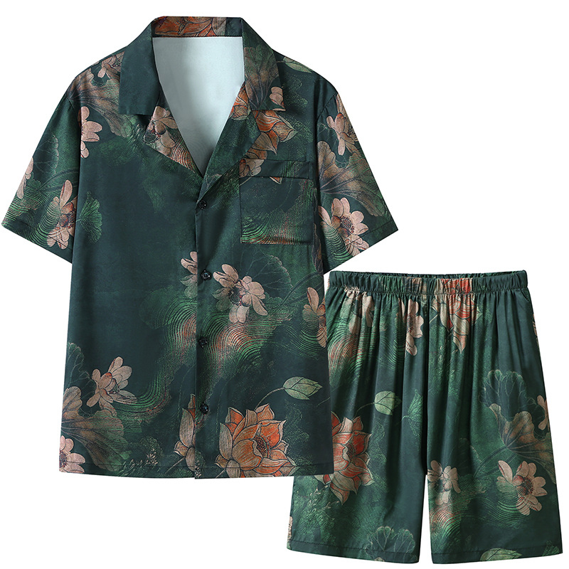 Vīriešu vasaras pidžamu komplekts, īsām piedurknēm, ultratīns poliesters, jauns ķīniešu stils, nacionālā tendence, tops ar kostīmu kaklu un šorti