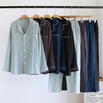 Vīriešu mājas komplekts no 100% kokvilnas, plāns audums, garās piedurknes, bikses, elpojošs, ērts