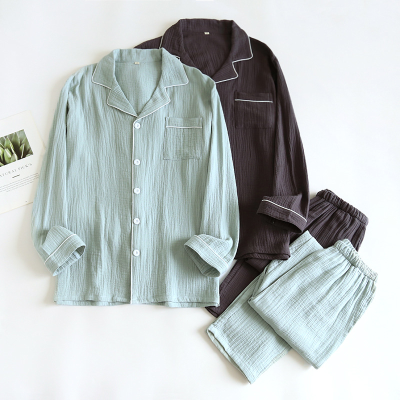 Vīriešu mājas komplekts no 100% kokvilnas, plāns audums, garās piedurknes, bikses, elpojošs, ērts