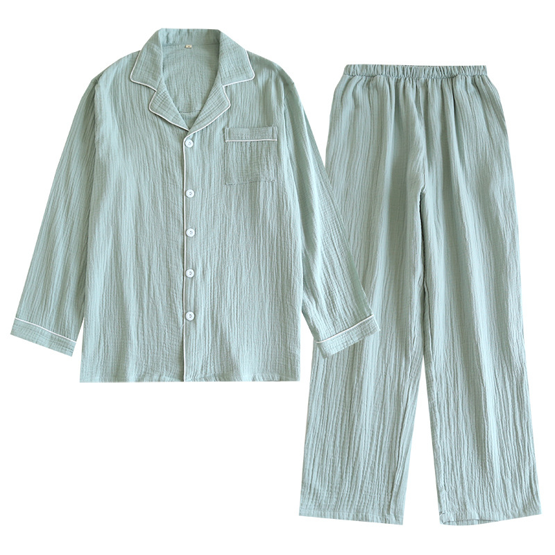 Vīriešu mājas komplekts no 100% kokvilnas, plāns audums, garās piedurknes, bikses, elpojošs, ērts