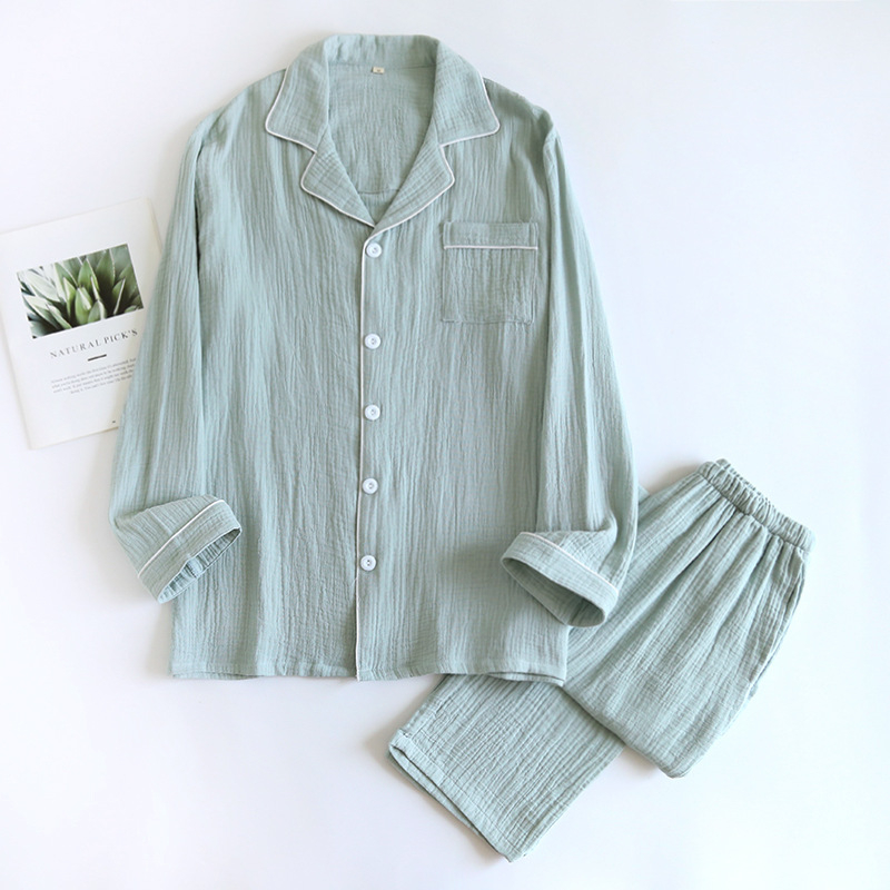 Vīriešu mājas komplekts no 100% kokvilnas, plāns audums, garās piedurknes, bikses, elpojošs, ērts