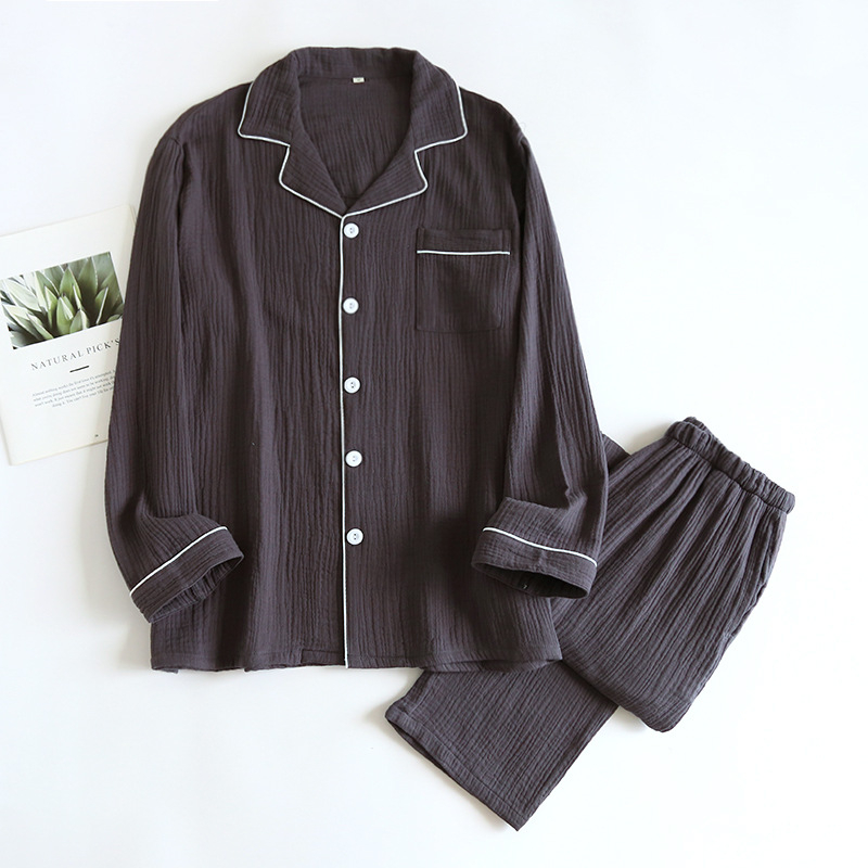 Vīriešu mājas komplekts no 100% kokvilnas, plāns audums, garās piedurknes, bikses, elpojošs, ērts