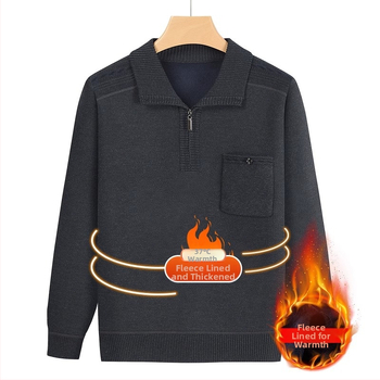 Vyrų žieminis megztinis su fleece įdėklu, storas šilumos sluoksnis, akrilo megztinis, laisvas kirpimas, kišenė