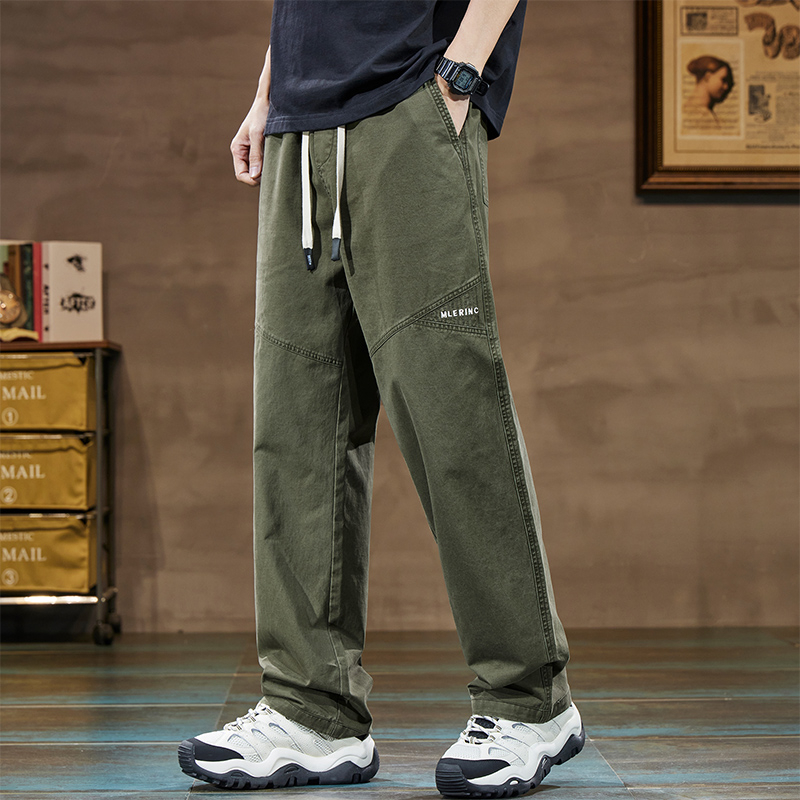 Muške pamučne cargo radne hlače – labave, ravne i široke, srednji pojas, s remenom i vezom za pričvršćivanje, prozračan debeli materijal