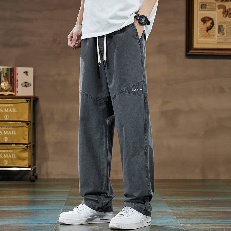 Muške pamučne cargo radne hlače – labave, ravne i široke, srednji pojas, s remenom i vezom za pričvršćivanje, prozračan debeli materijal
