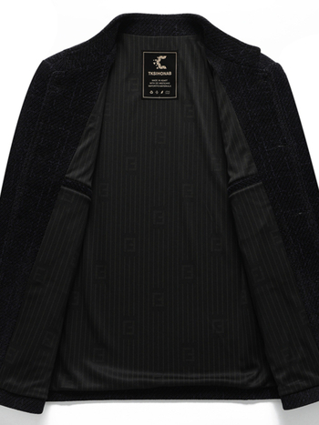 Vyrų chenille vilnos išorinis švarkas – stovinti apykaklė, ilgos rankovės, vienos eilės sagų užsegimas, kišenės su pleistro kišenėmis