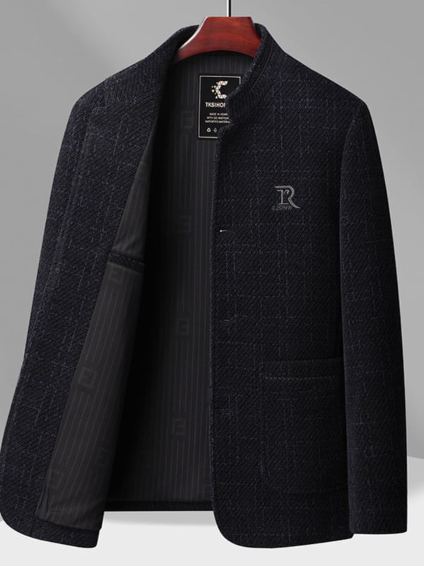 Vyrų chenille vilnos išorinis švarkas – stovinti apykaklė, ilgos rankovės, vienos eilės sagų užsegimas, kišenės su pleistro kišenėmis