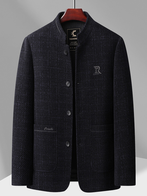 Vyrų chenille vilnos išorinis švarkas – stovinti apykaklė, ilgos rankovės, vienos eilės sagų užsegimas, kišenės su pleistro kišenėmis