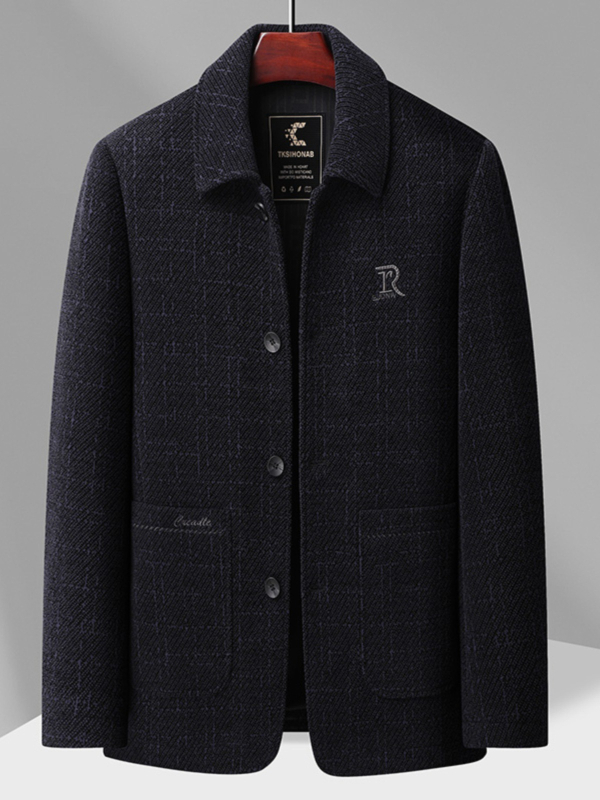 Vyrų chenille vilnos išorinis švarkas – stovinti apykaklė, ilgos rankovės, vienos eilės sagų užsegimas, kišenės su pleistro kišenėmis