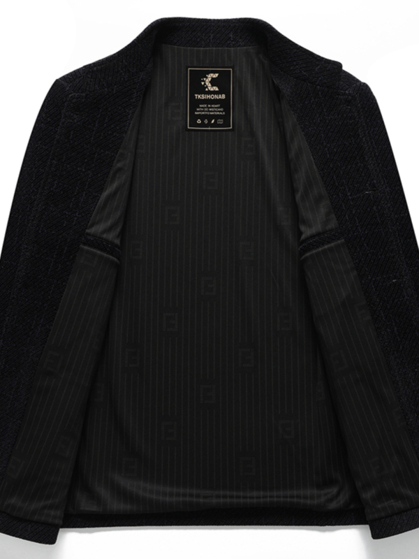 Vyrų chenille vilnos išorinis švarkas – stovinti apykaklė, ilgos rankovės, vienos eilės sagų užsegimas, kišenės su pleistro kišenėmis