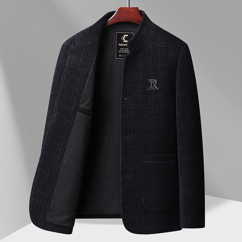 Vyrų chenille vilnos išorinis švarkas – stovinti apykaklė, ilgos rankovės, vienos eilės sagų užsegimas, kišenės su pleistro kišenėmis