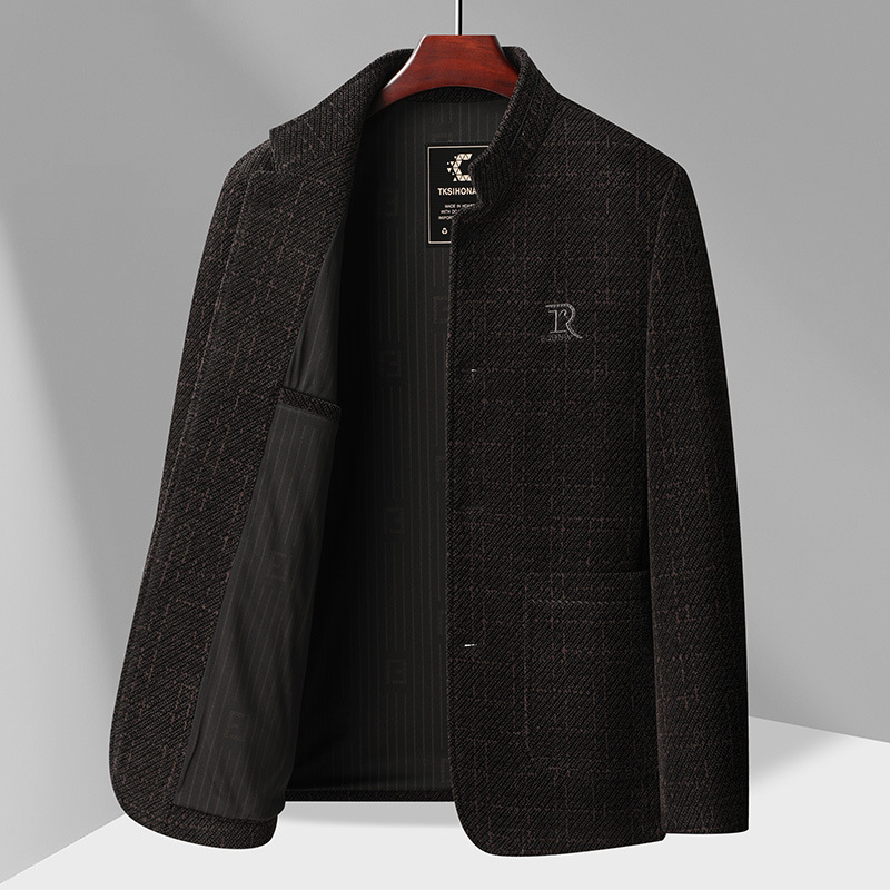 Vyrų chenille vilnos išorinis švarkas – stovinti apykaklė, ilgos rankovės, vienos eilės sagų užsegimas, kišenės su pleistro kišenėmis