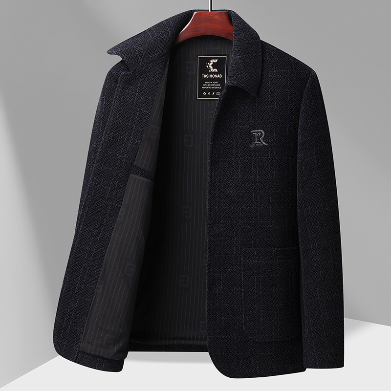 Vyrų chenille vilnos išorinis švarkas – stovinti apykaklė, ilgos rankovės, vienos eilės sagų užsegimas, kišenės su pleistro kišenėmis