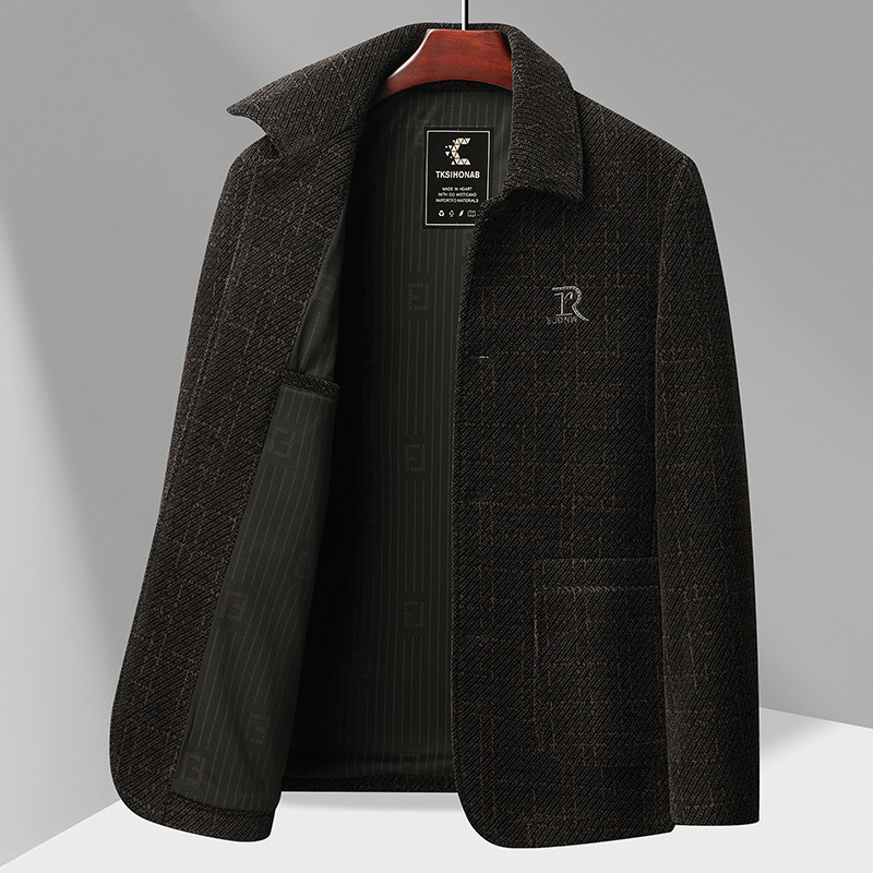 Vyrų chenille vilnos išorinis švarkas – stovinti apykaklė, ilgos rankovės, vienos eilės sagų užsegimas, kišenės su pleistro kišenėmis