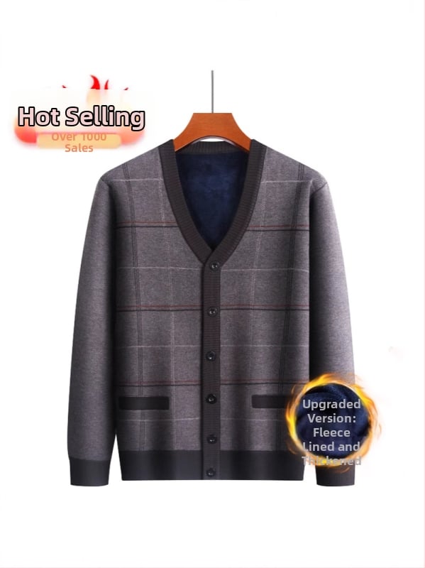 Vyriskas žieminis kardiganas su fliso pamušalu, V kaklo iškirptė, vienos eilės užsegimas, minimalistinis stilius