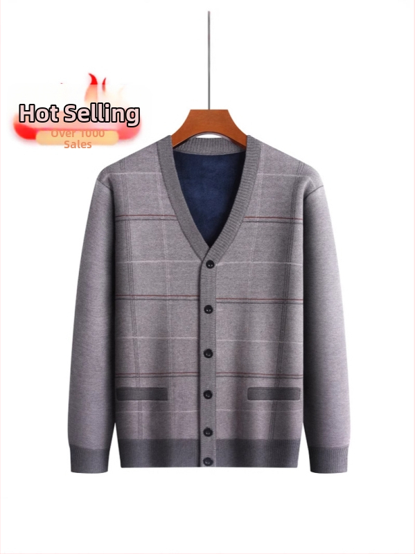 Vyriskas žieminis kardiganas su fliso pamušalu, V kaklo iškirptė, vienos eilės užsegimas, minimalistinis stilius