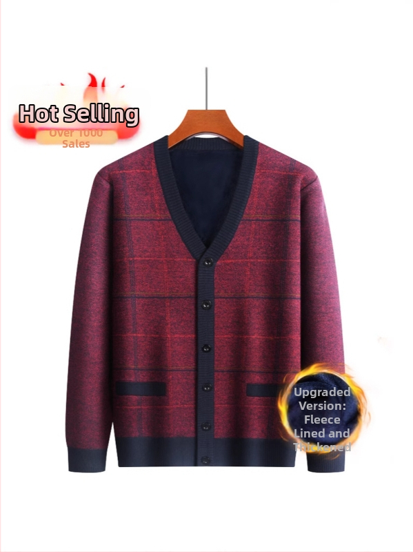 Vyriskas žieminis kardiganas su fliso pamušalu, V kaklo iškirptė, vienos eilės užsegimas, minimalistinis stilius