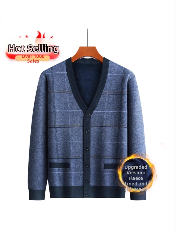 Vyriskas žieminis kardiganas su fliso pamušalu, V kaklo iškirptė, vienos eilės užsegimas, minimalistinis stilius