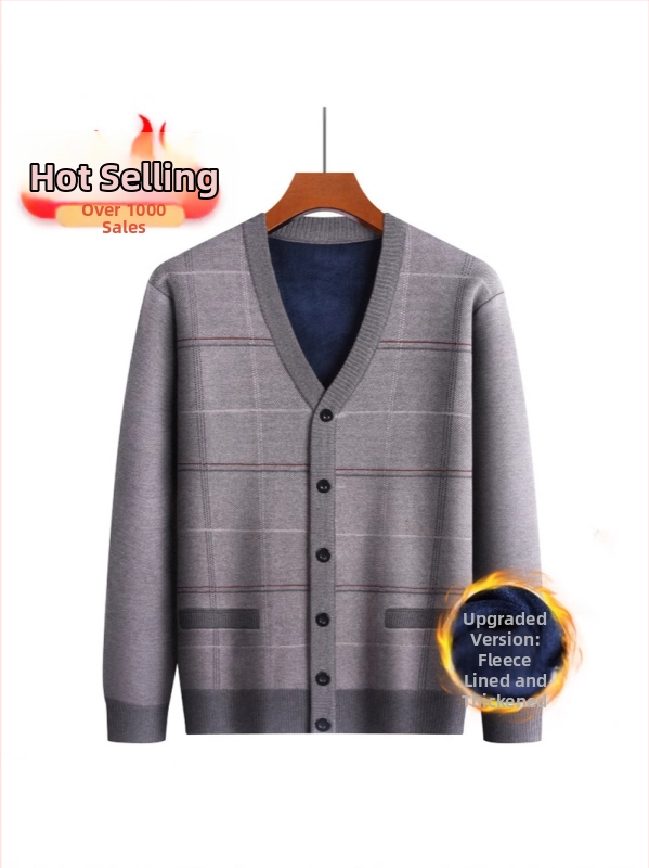 Vyriskas žieminis kardiganas su fliso pamušalu, V kaklo iškirptė, vienos eilės užsegimas, minimalistinis stilius