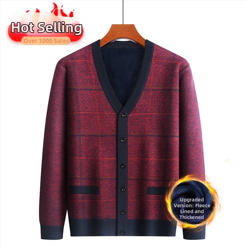 Vyriskas žieminis kardiganas su fliso pamušalu, V kaklo iškirptė, vienos eilės užsegimas, minimalistinis stilius