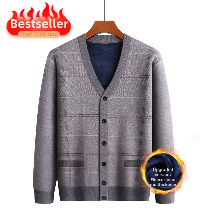 Vyriskas žieminis kardiganas su fliso pamušalu, V kaklo iškirptė, vienos eilės užsegimas, minimalistinis stilius