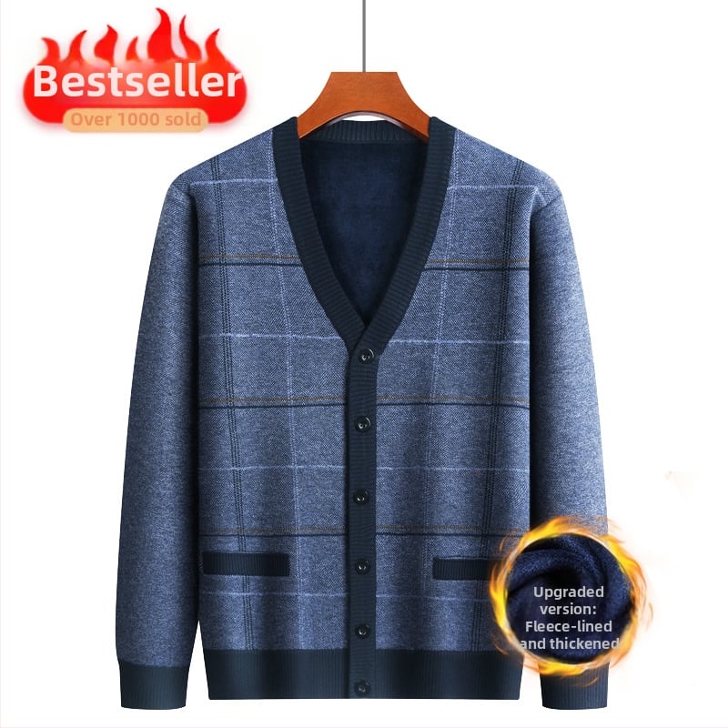 Vyriskas žieminis kardiganas su fliso pamušalu, V kaklo iškirptė, vienos eilės užsegimas, minimalistinis stilius