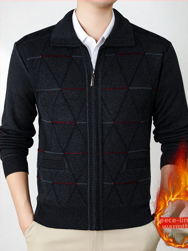 Kardiganas su fliso įdėklu vyresniems vyrams, žiema 2024, 100% poliesteris, pagrindinis megztas stilius