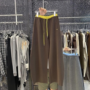 Ženske široke hlače s visokim strukom i vezicama, od vunenog i mješavine materijala, duge hlače, proljeće 2024, azijski stil spajanja.