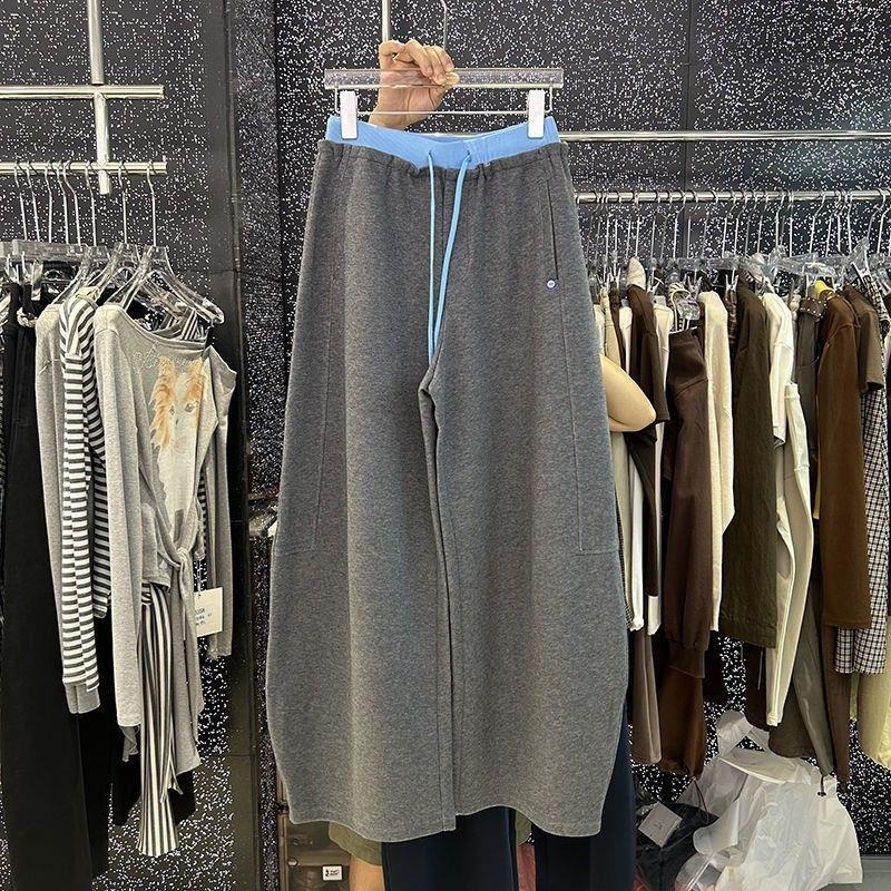 Ženske široke hlače s visokim strukom i vezicama, od vunenog i mješavine materijala, duge hlače, proljeće 2024, azijski stil spajanja.