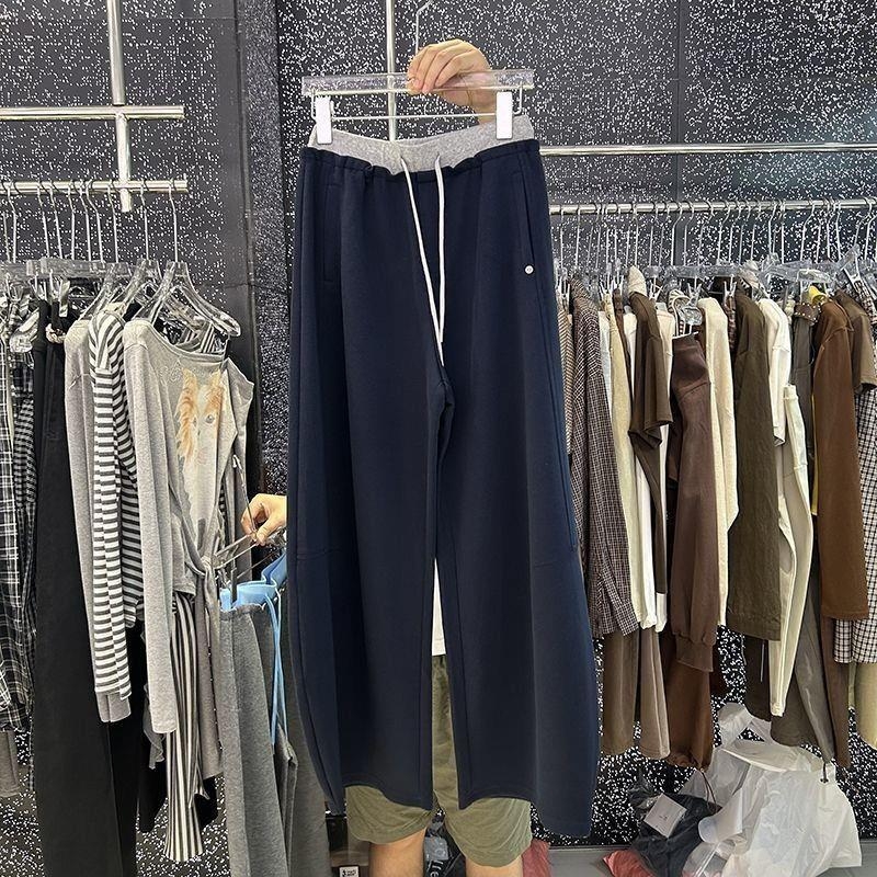 Ženske široke hlače s visokim strukom i vezicama, od vunenog i mješavine materijala, duge hlače, proljeće 2024, azijski stil spajanja.
