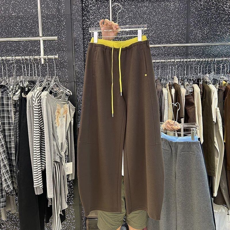 Ženske široke hlače s visokim strukom i vezicama, od vunenog i mješavine materijala, duge hlače, proljeće 2024, azijski stil spajanja.