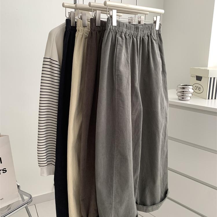 Ženske hlače od corduroya, japanskog stila, slobodna silueta, visok pas, dužina do gležnja, jesen 2024