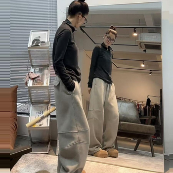 Γυναικείοι χαλαροί παντελόνες casual με σμιτάρ σιλουέτα, φαρδιά πόδια, χοντρές βελούδινες υφές, ύφασμα από μαλλί, χειμώνας 2024