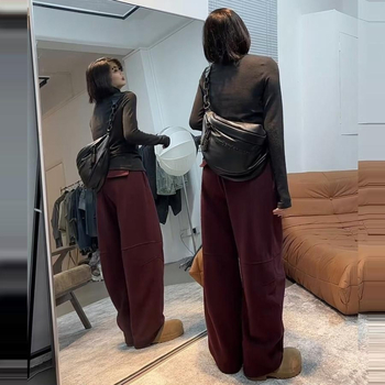 Γυναικείοι χαλαροί παντελόνες casual με σμιτάρ σιλουέτα, φαρδιά πόδια, χοντρές βελούδινες υφές, ύφασμα από μαλλί, χειμώνας 2024