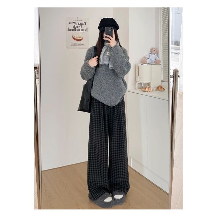 Ženske hlače s širokim krojem, crno-siva kombinacija, blok boja, jesen-zima, plus size, s fleecem, drapirane casual hlače