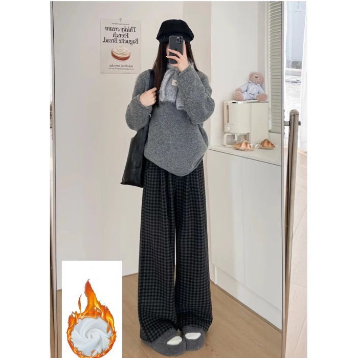 Ženske hlače s širokim krojem, crno-siva kombinacija, blok boja, jesen-zima, plus size, s fleecem, drapirane casual hlače