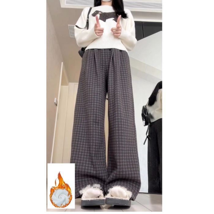 Ženske hlače s širokim krojem, crno-siva kombinacija, blok boja, jesen-zima, plus size, s fleecem, drapirane casual hlače
