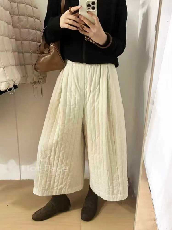 Corduroy pamut nadrág, széles szabású, magas derék, steppelt, 9/10 hossz, téli 2025