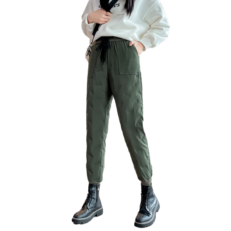 Női magas derekú harém down nadrág, nylon külső, fehér kacsa toll töltet, téli modell 2025