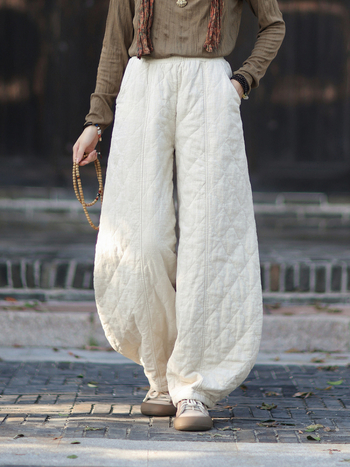 Naiste ramie kangastest valmistatud puuvillased püksid, vaba lõige, teemantõmblused quilt, paksud ja soojad, talv 2025