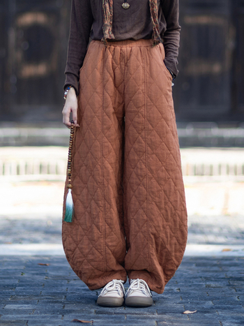 Naiste ramie kangastest valmistatud puuvillased püksid, vaba lõige, teemantõmblused quilt, paksud ja soojad, talv 2025