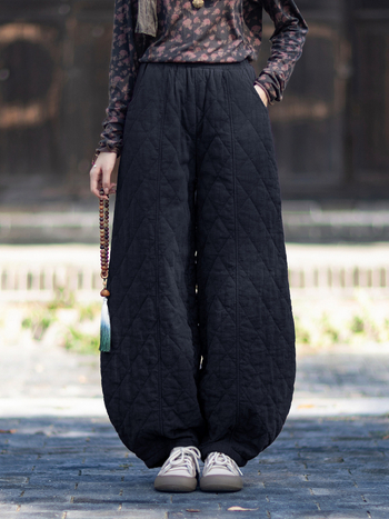 Naiste ramie kangastest valmistatud puuvillased püksid, vaba lõige, teemantõmblused quilt, paksud ja soojad, talv 2025