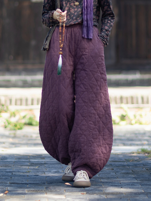 Naiste ramie kangastest valmistatud puuvillased püksid, vaba lõige, teemantõmblused quilt, paksud ja soojad, talv 2025