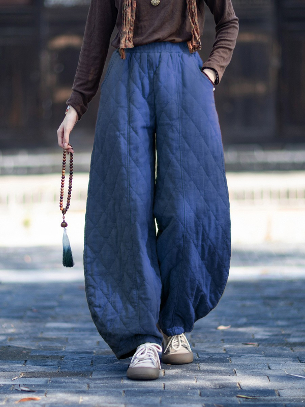 Naiste ramie kangastest valmistatud puuvillased püksid, vaba lõige, teemantõmblused quilt, paksud ja soojad, talv 2025