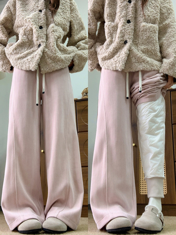 Női széles nadrág pehelytöltettel, poliészter 95%+, fehér kacsa toll töltet, magas derék, 2025 ősz, japán-koreai lazább stílus