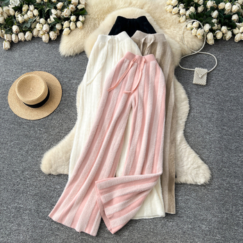 Pleteno široke hlače za žene (elastičan pojas, naborana tekstura, mikroelastičnost)